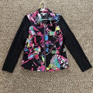 Peter Nygard Womens M Multicolor Abstract Zip Jacket Stretch Knit Sleeves Pocket